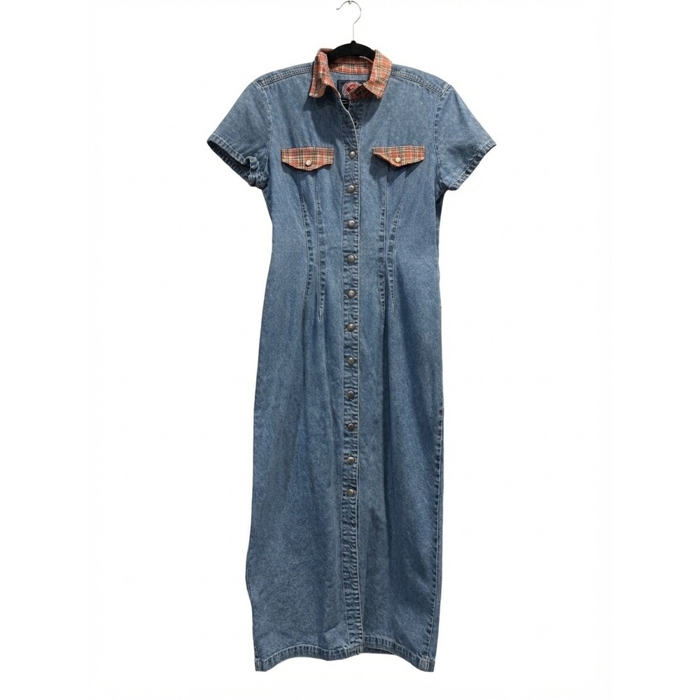 Vintage Paris Blues Denim Maxi Dress Plaid Collar Button Front Blue 90s Size 11